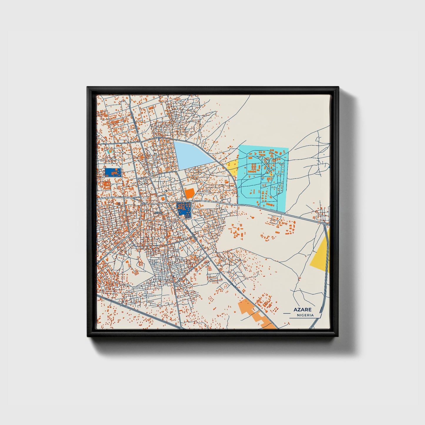Azare Nigeria Colorful City Map Canvas Print • Black Framed