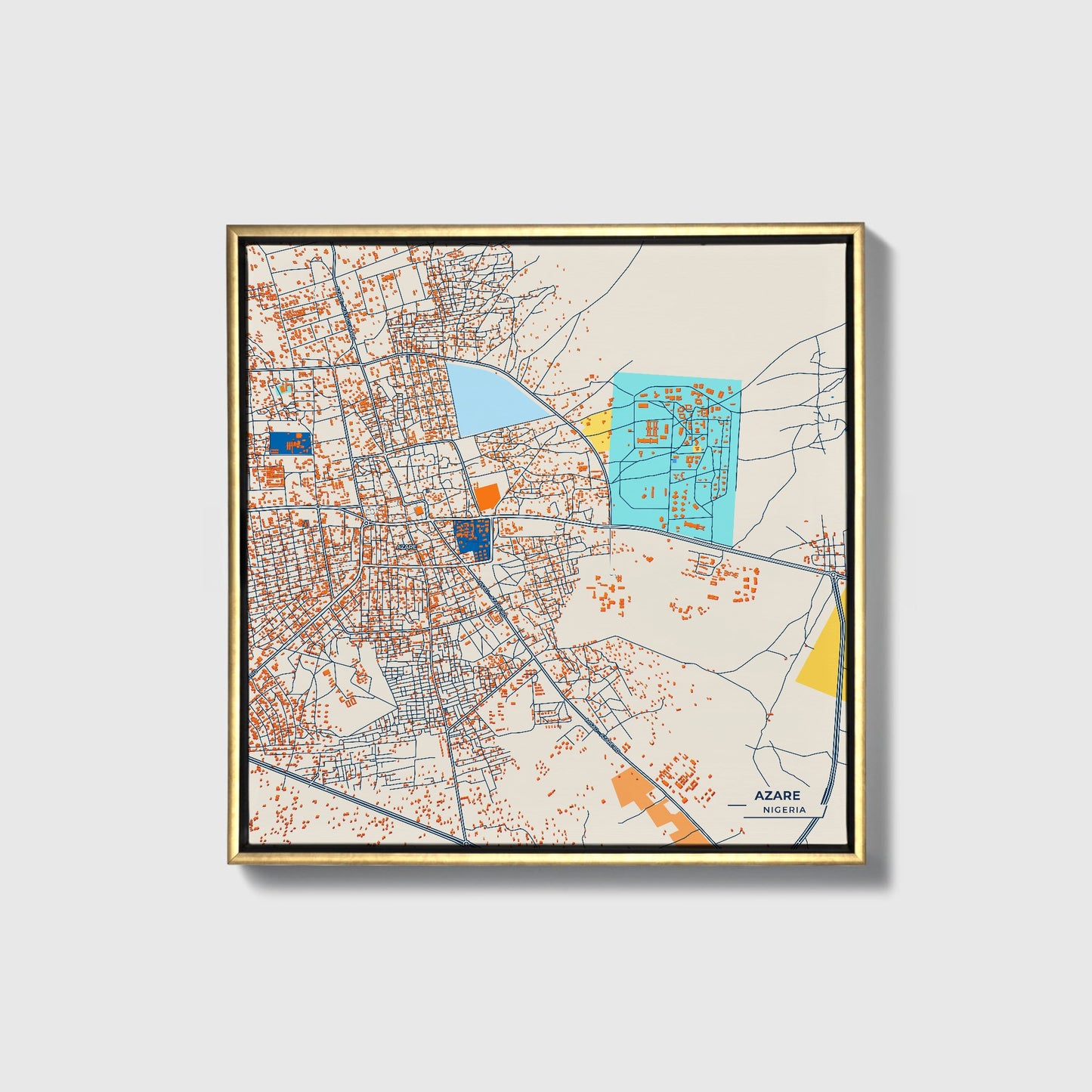 Azare Nigeria Colorful City Map Canvas Print • Gold Framed