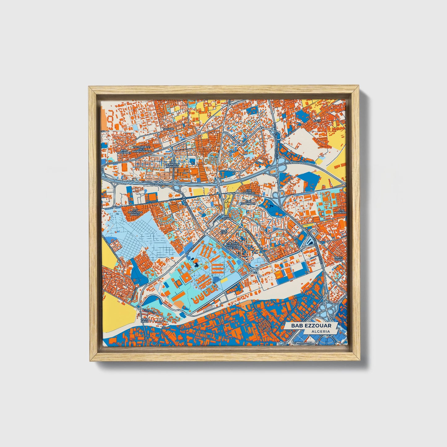 Bab Ezzouar Algeria Colorful City Map Canvas Print • Natural Wooden Framed