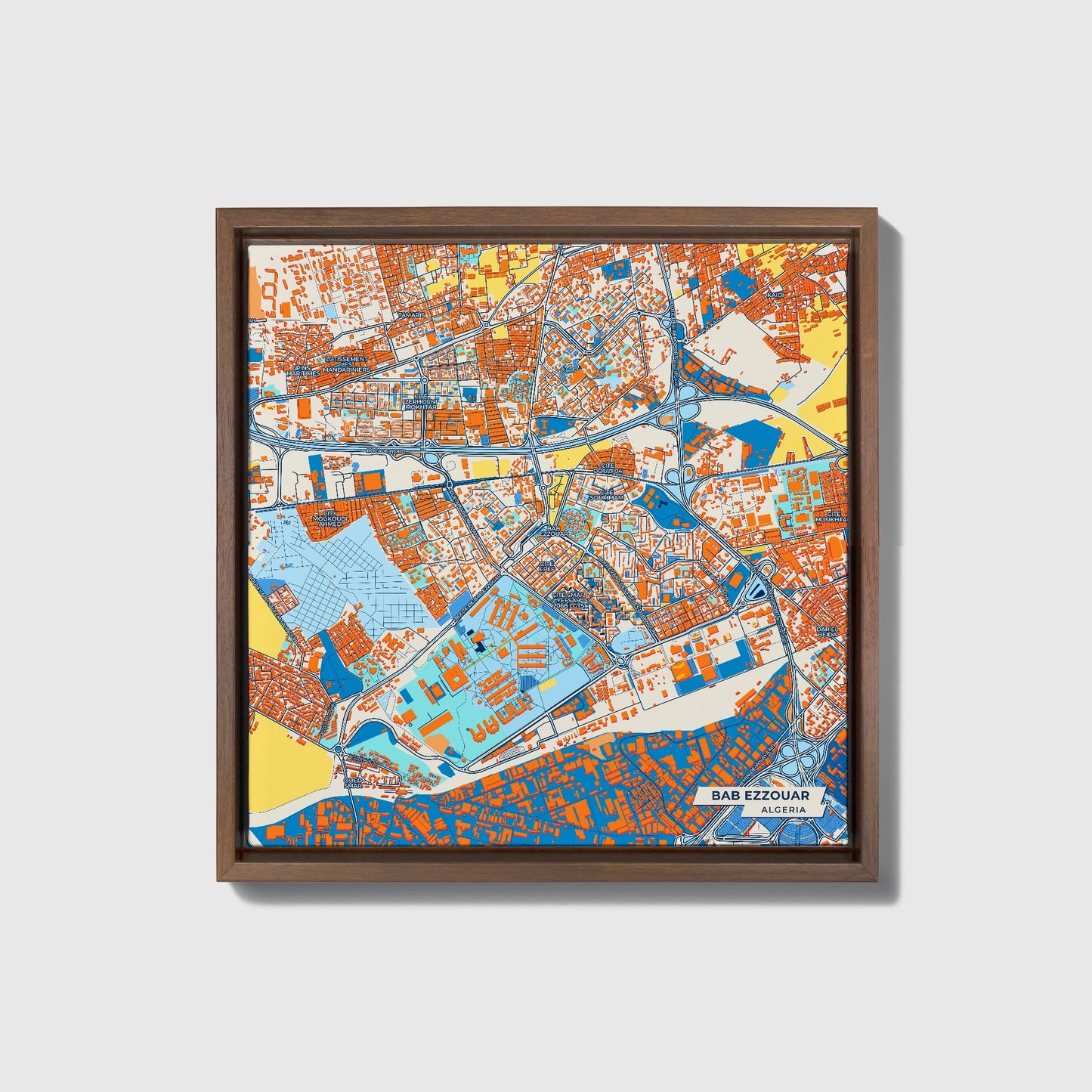 Bab Ezzouar Algeria Colorful City Map Canvas Print • Dark Wooden Framed