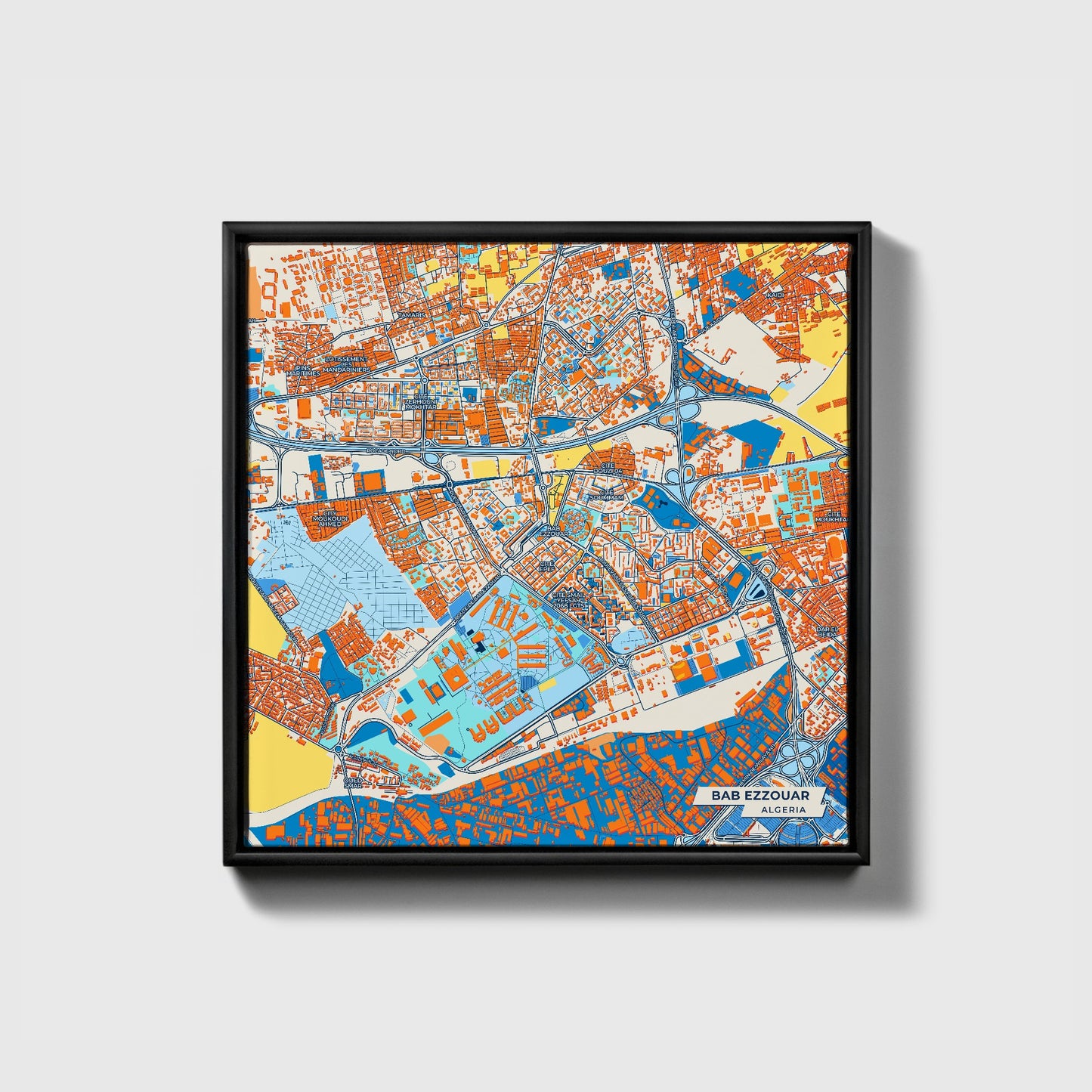 Bab Ezzouar Algeria Colorful City Map Canvas Print • Black Framed