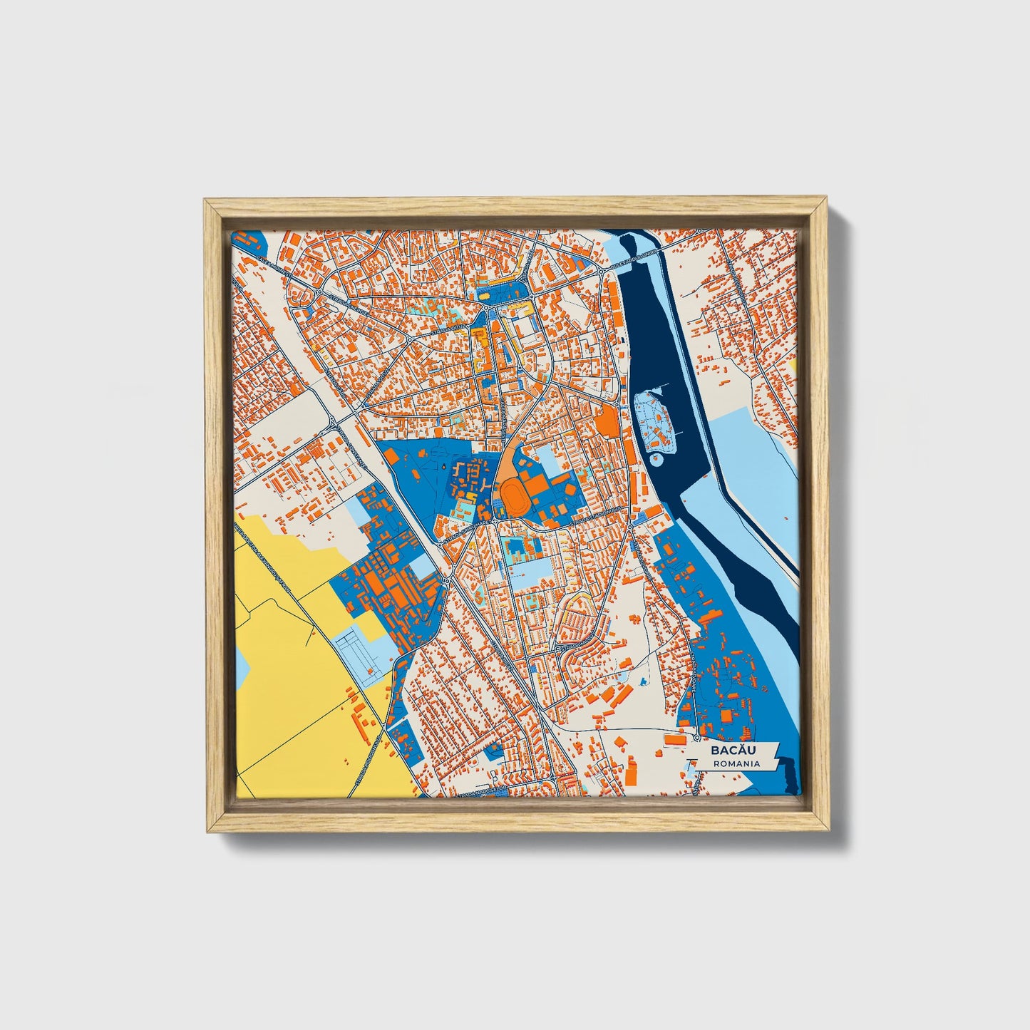 Bacău Romania Colorful City Map Canvas Print • Natural Wooden Framed