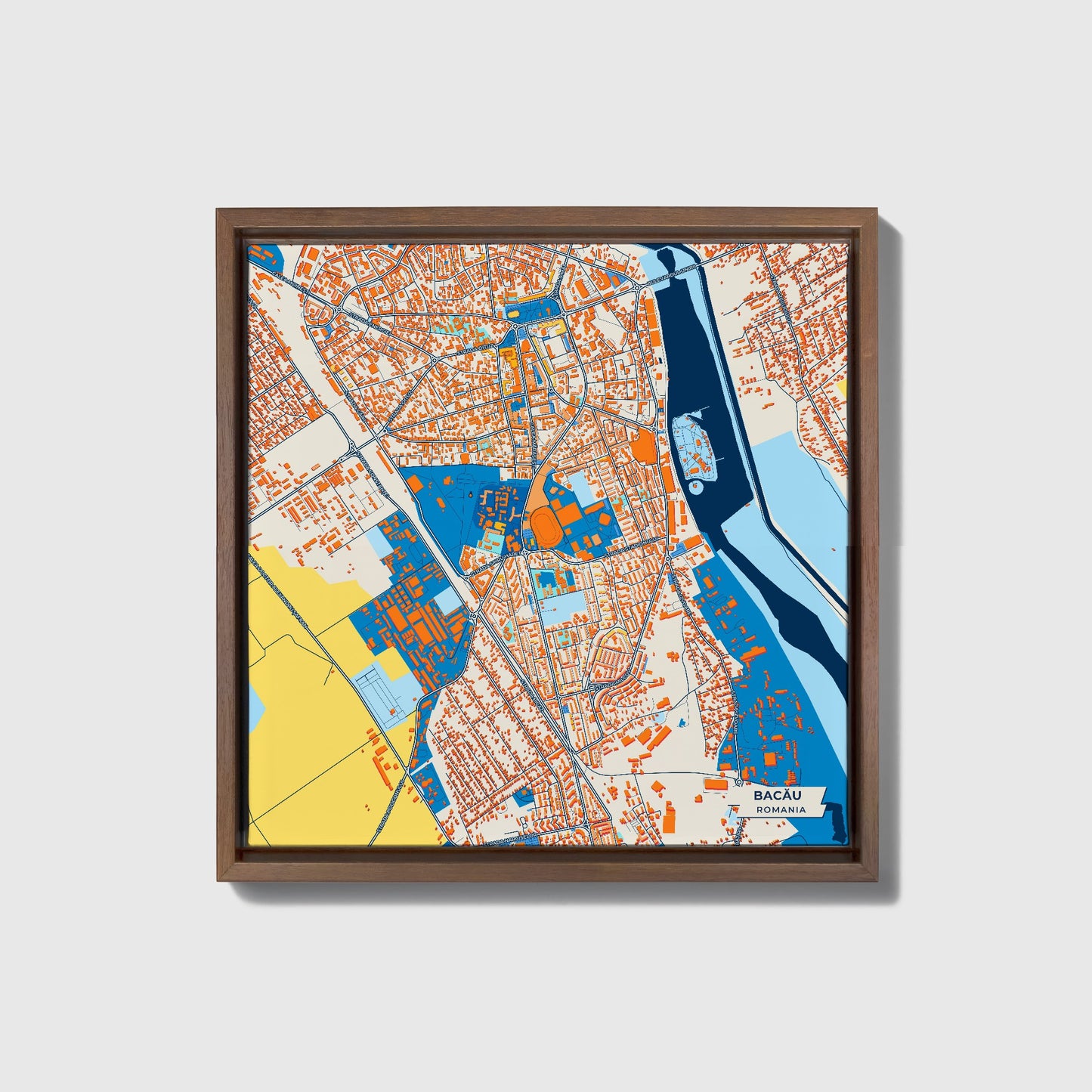 Bacău Romania Colorful City Map Canvas Print • Dark Wooden Framed