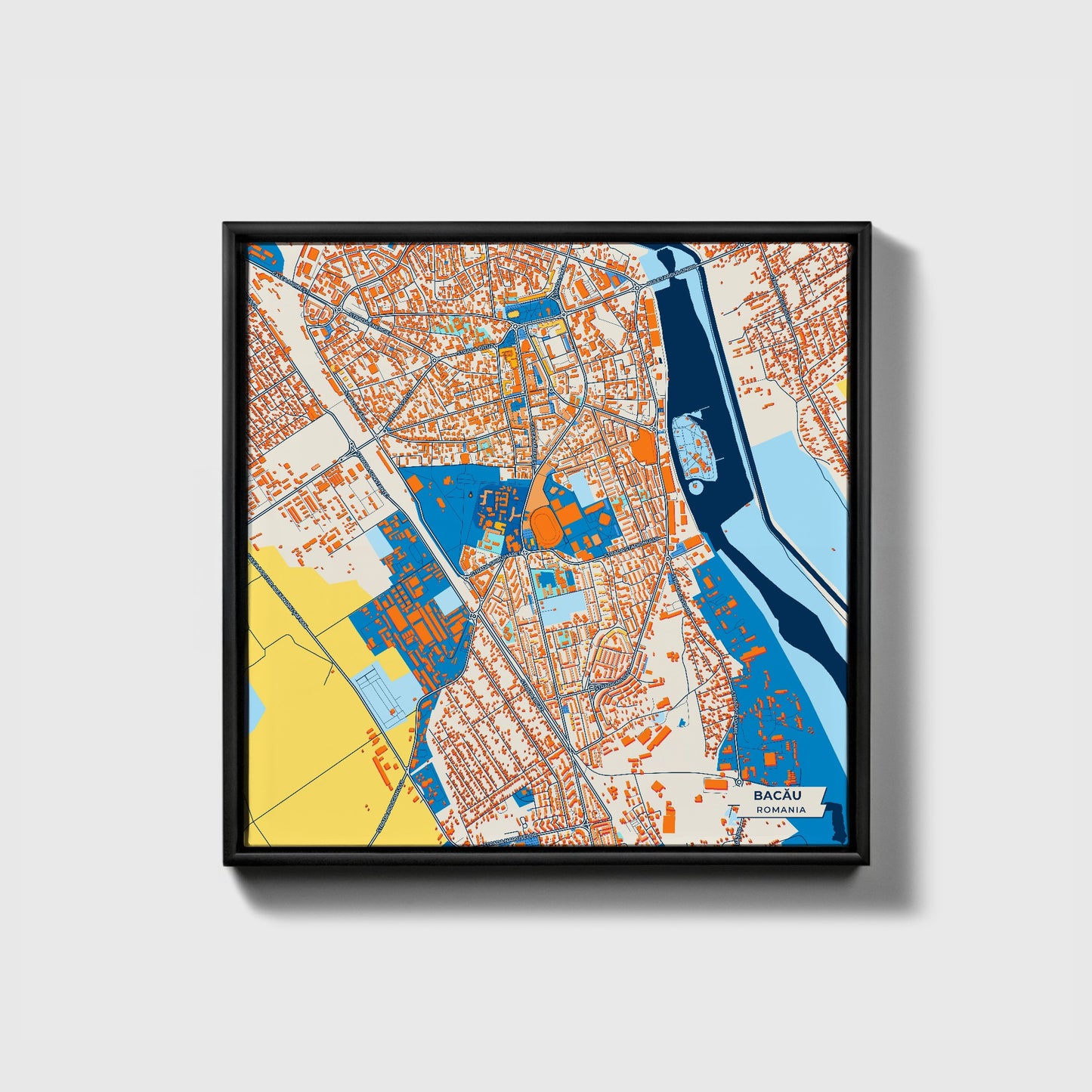 Bacău Romania Colorful City Map Canvas Print • Black Framed