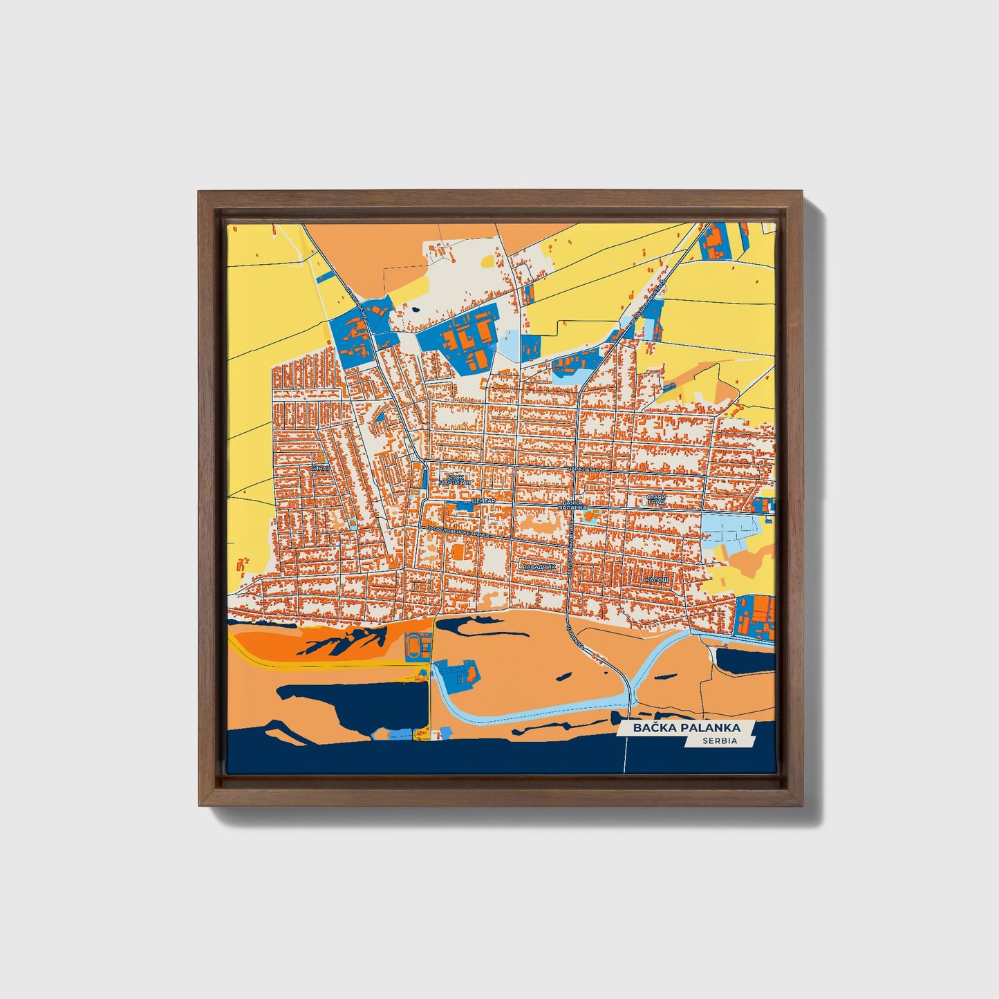 Бачка Паланка Serbia Colorful City Map Canvas Print • Dark Wooden Framed