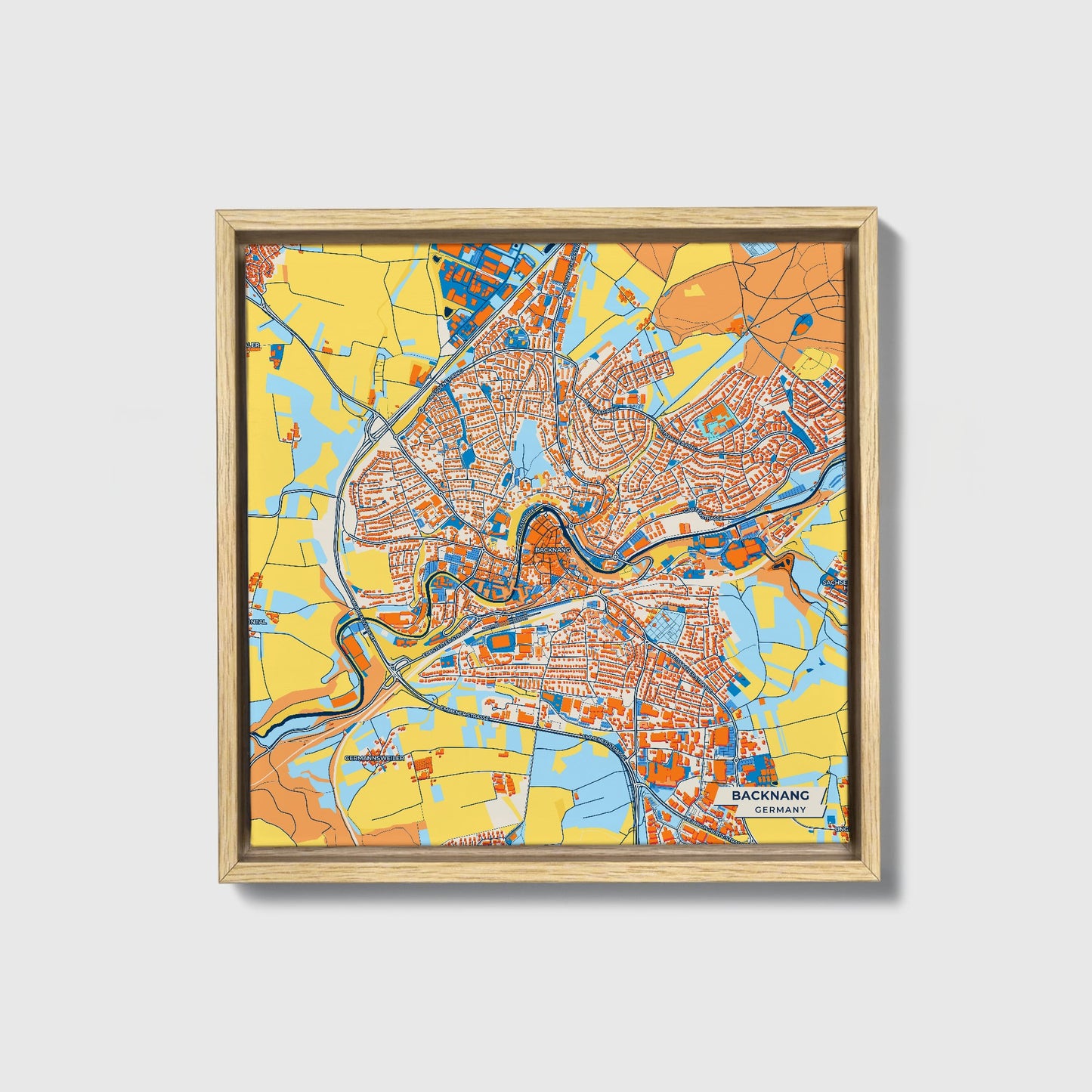 Backnang Germany Colorful City Map Canvas Print • Natural Wooden Framed