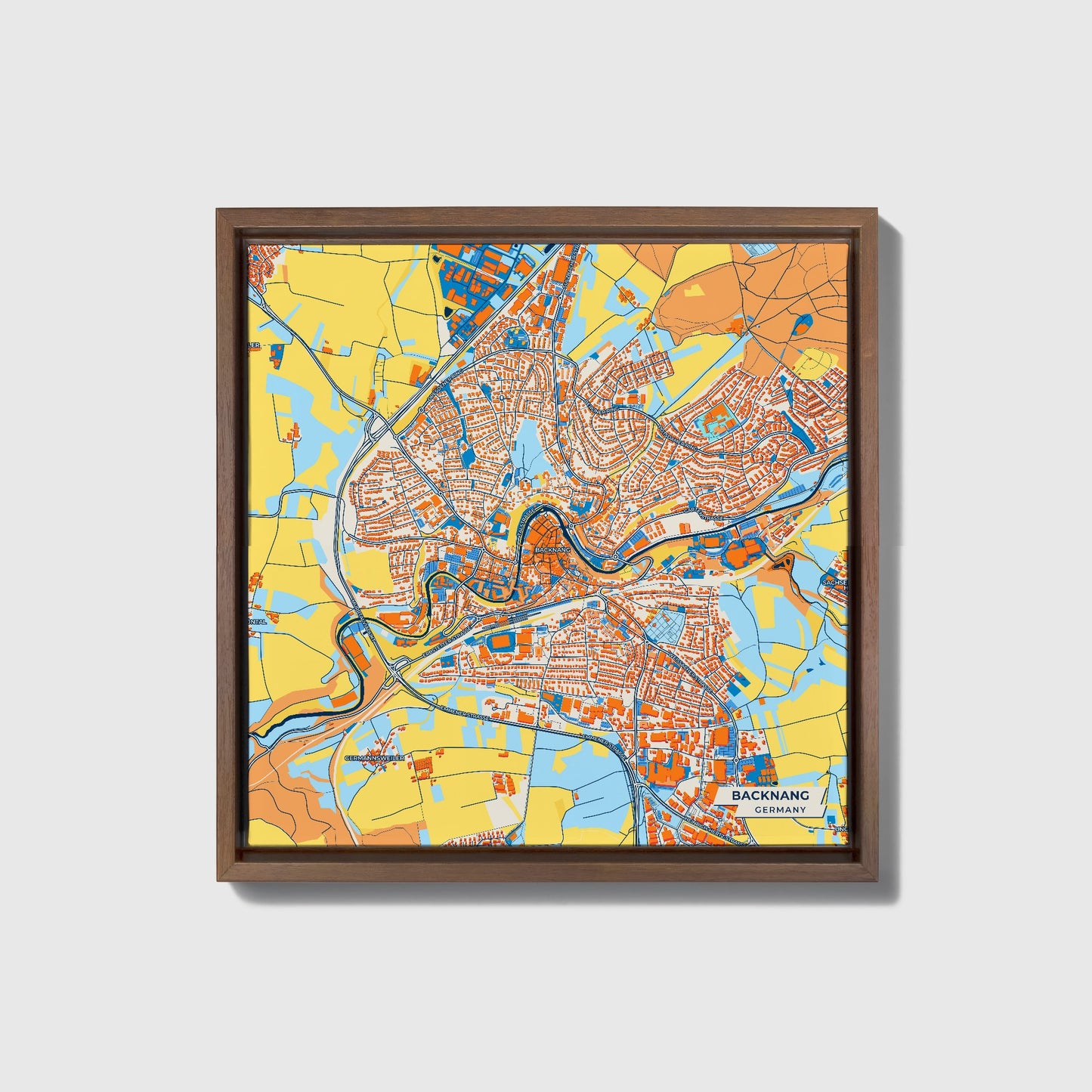 Backnang Germany Colorful City Map Canvas Print • Dark Wooden Framed