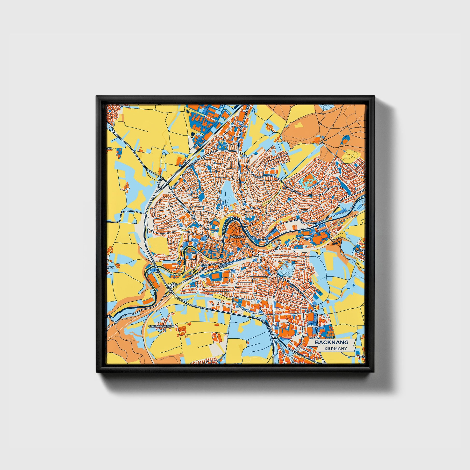 Backnang Germany Colorful City Map Canvas Print • Black Framed