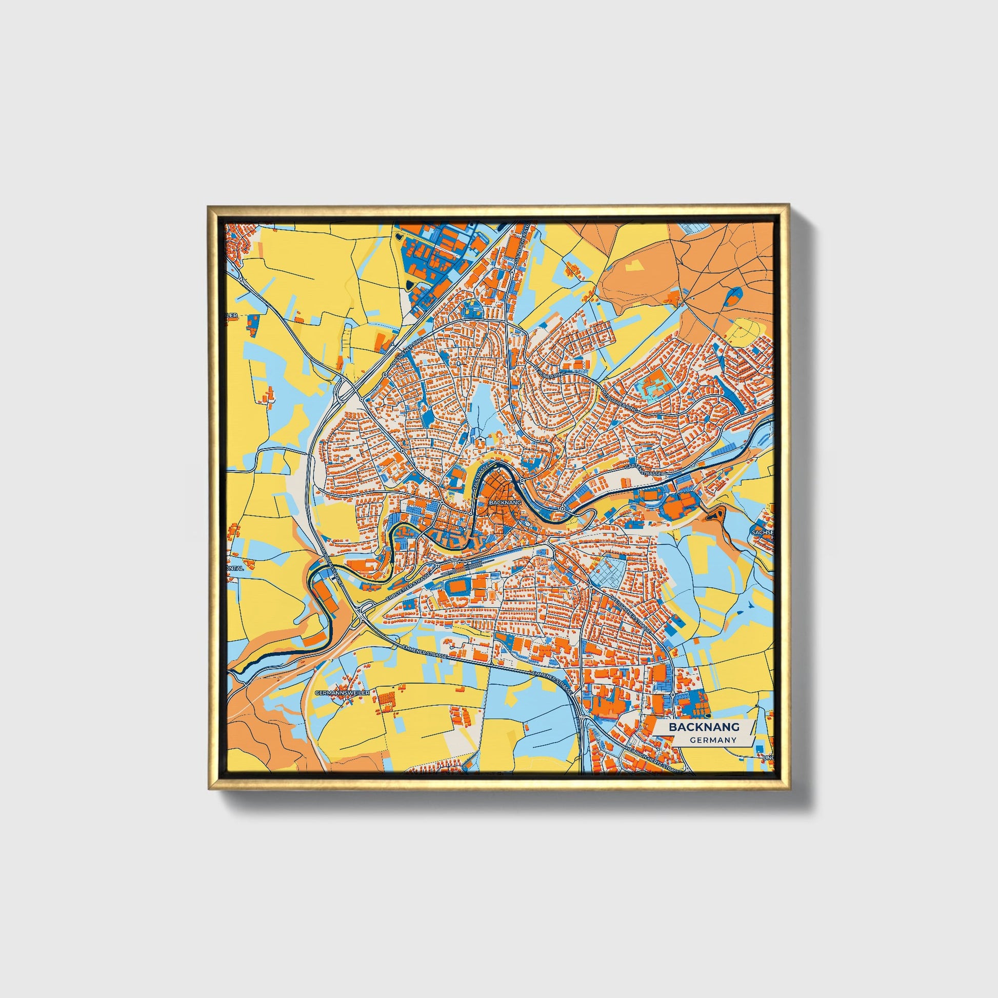 Backnang Germany Colorful City Map Canvas Print • Gold Framed
