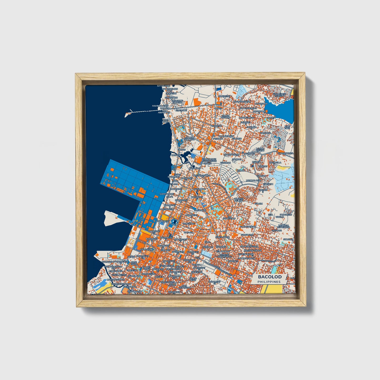 Bacolod Philippines Colorful City Map Canvas Print • Natural Wooden Framed