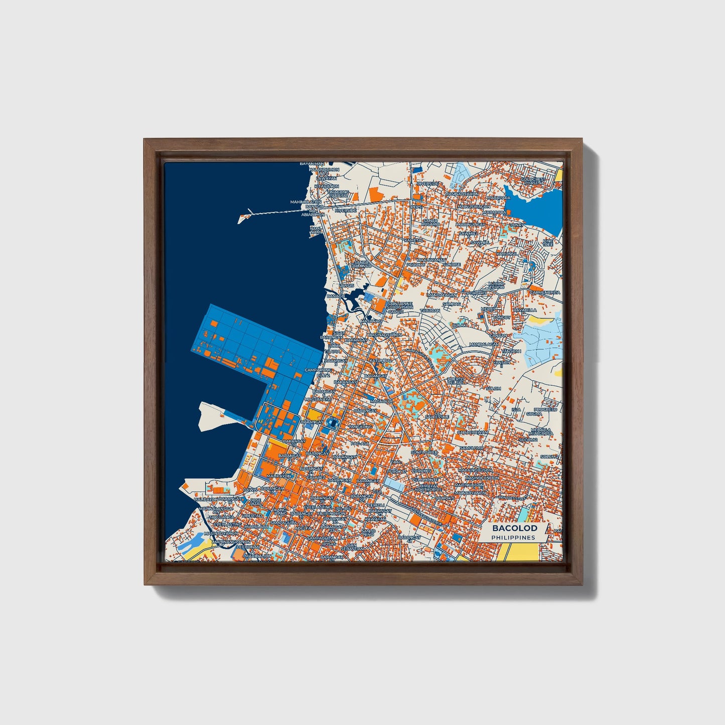 Bacolod Philippines Colorful City Map Canvas Print • Dark Wooden Framed
