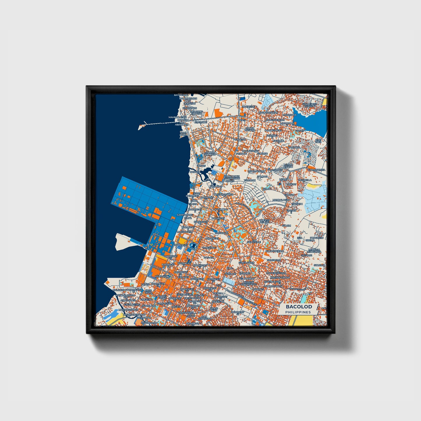 Bacolod Philippines Colorful City Map Canvas Print • Black Framed