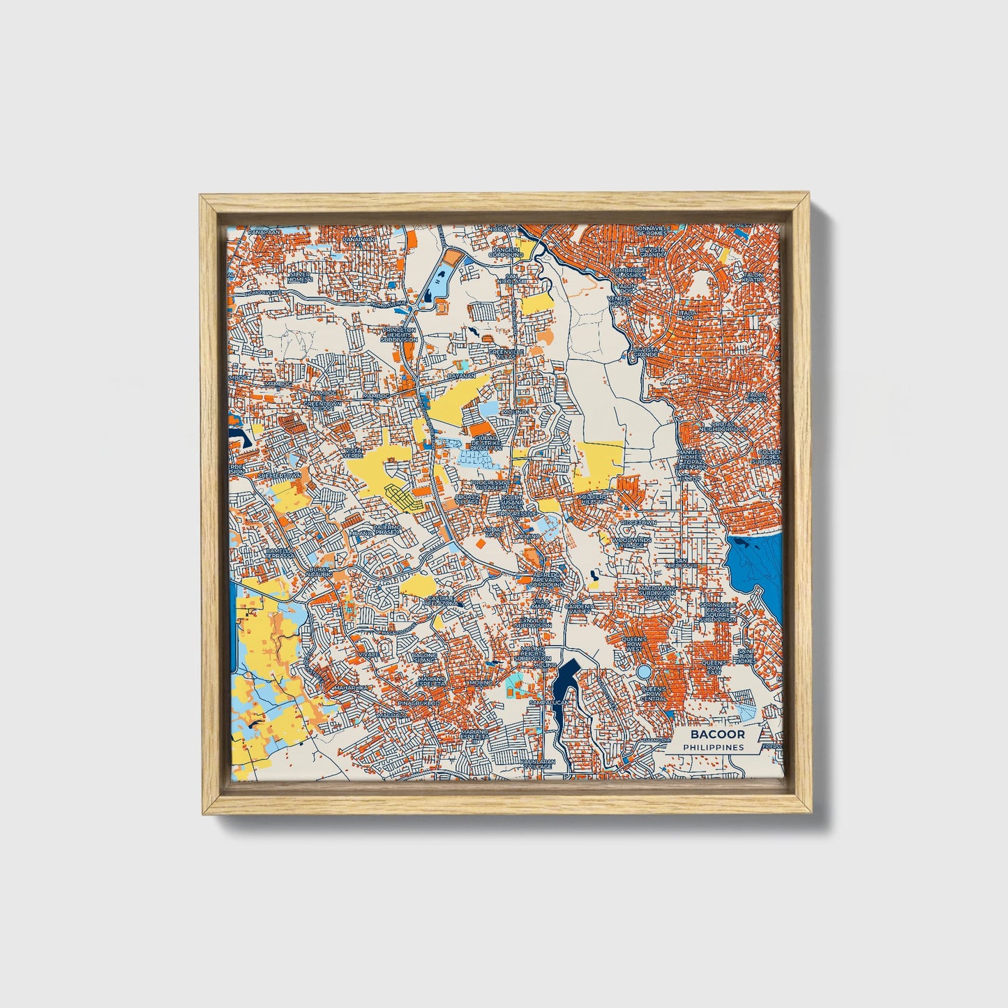 Bacoor Philippines Colorful City Map Canvas Print • Natural Wooden Framed