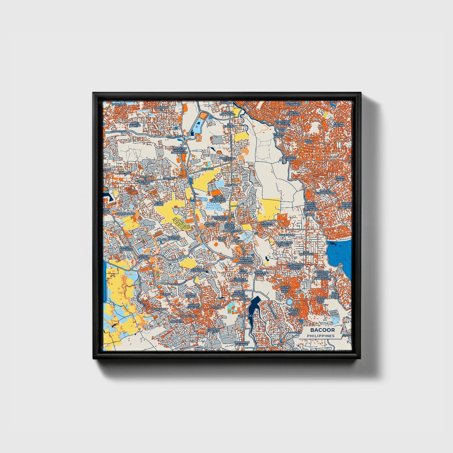 Bacoor Philippines Colorful City Map Canvas Print • Black Framed