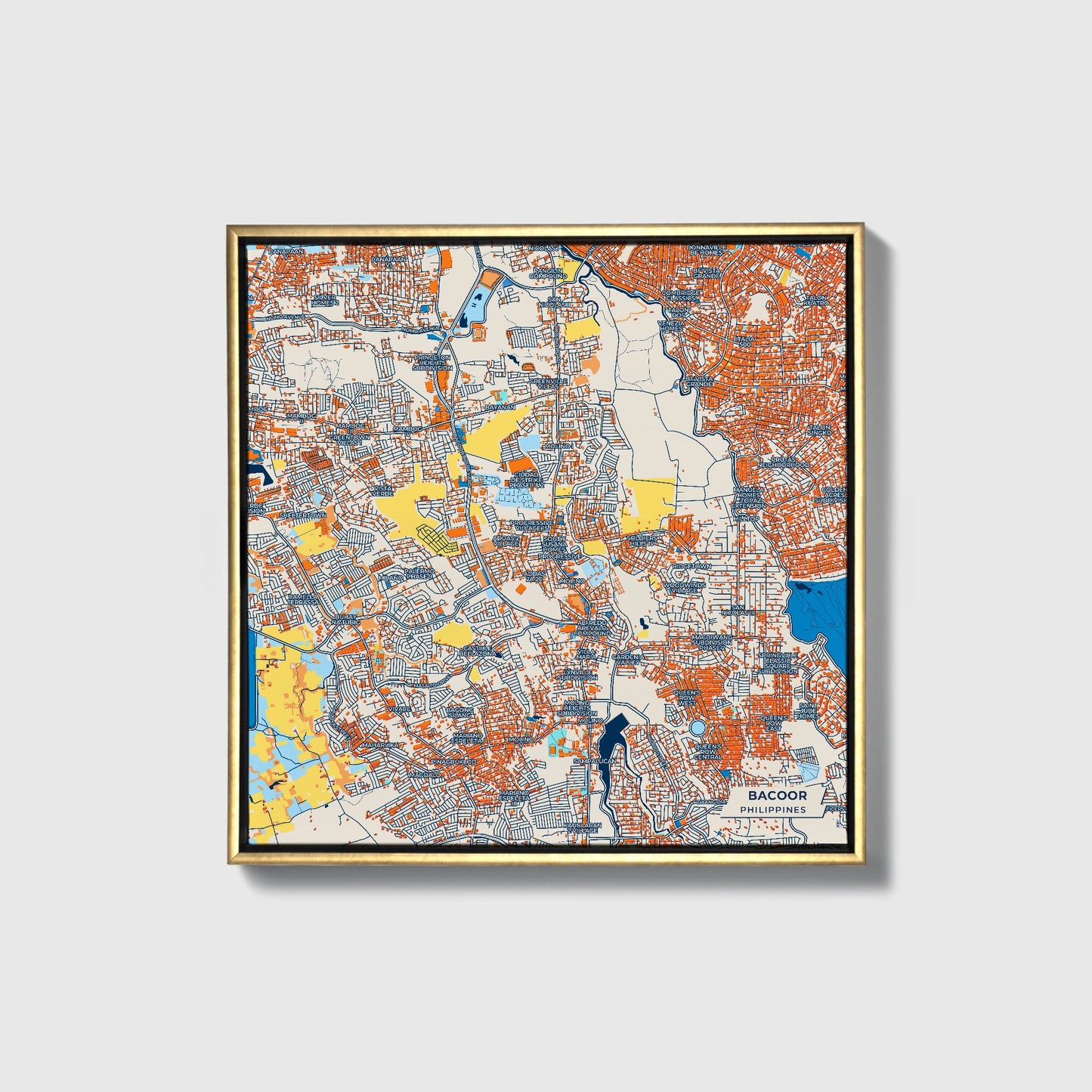 Bacoor Philippines Colorful City Map Canvas Print • Gold Framed