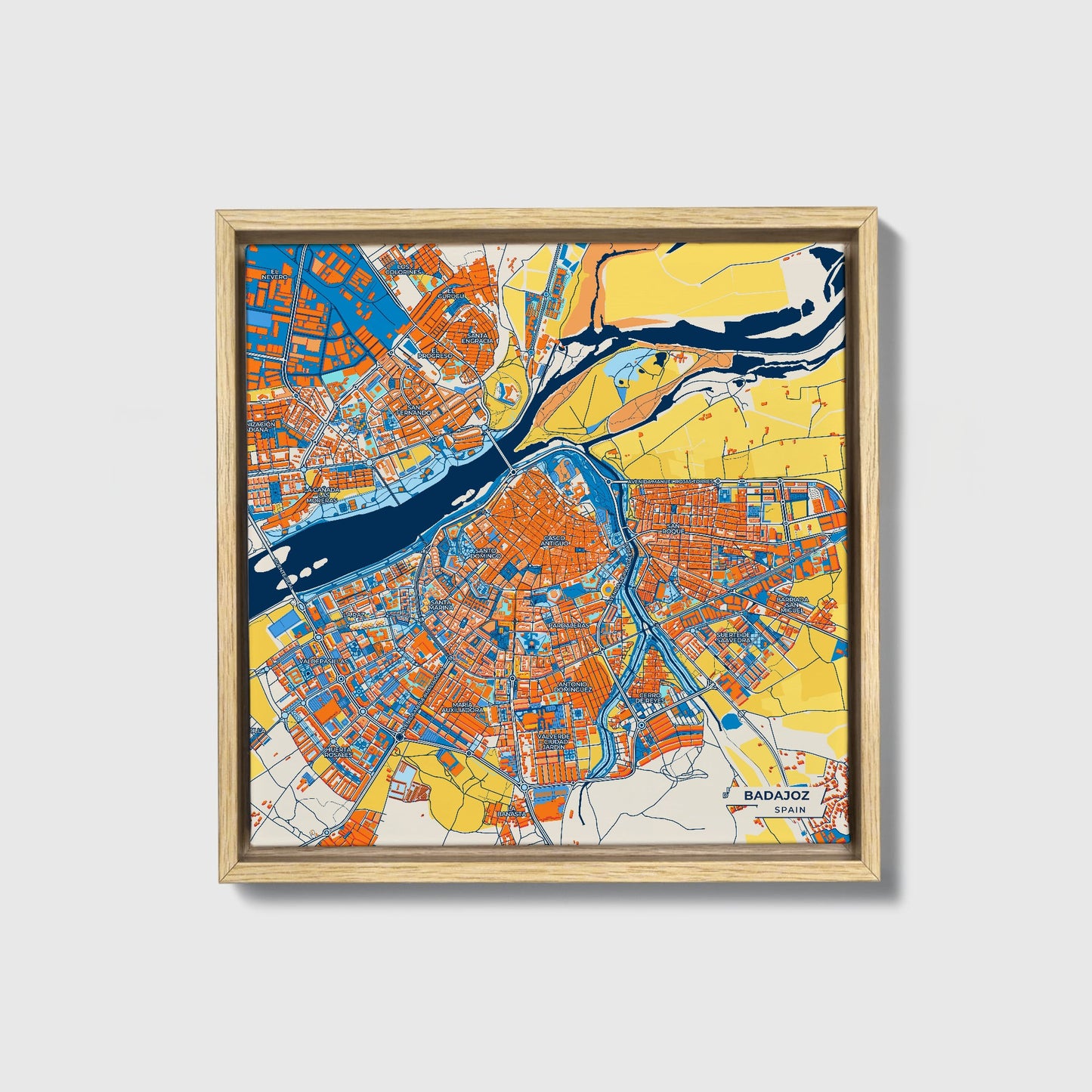 Badajoz Spain Colorful City Map Canvas Print • Natural Wooden Framed
