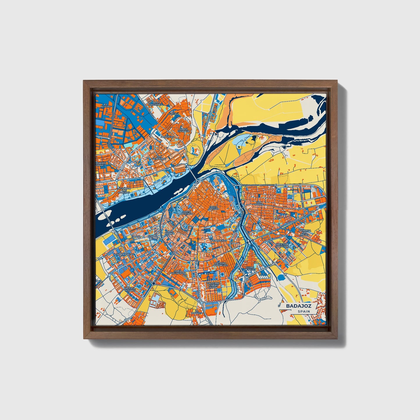Badajoz Spain Colorful City Map Canvas Print • Dark Wooden Framed