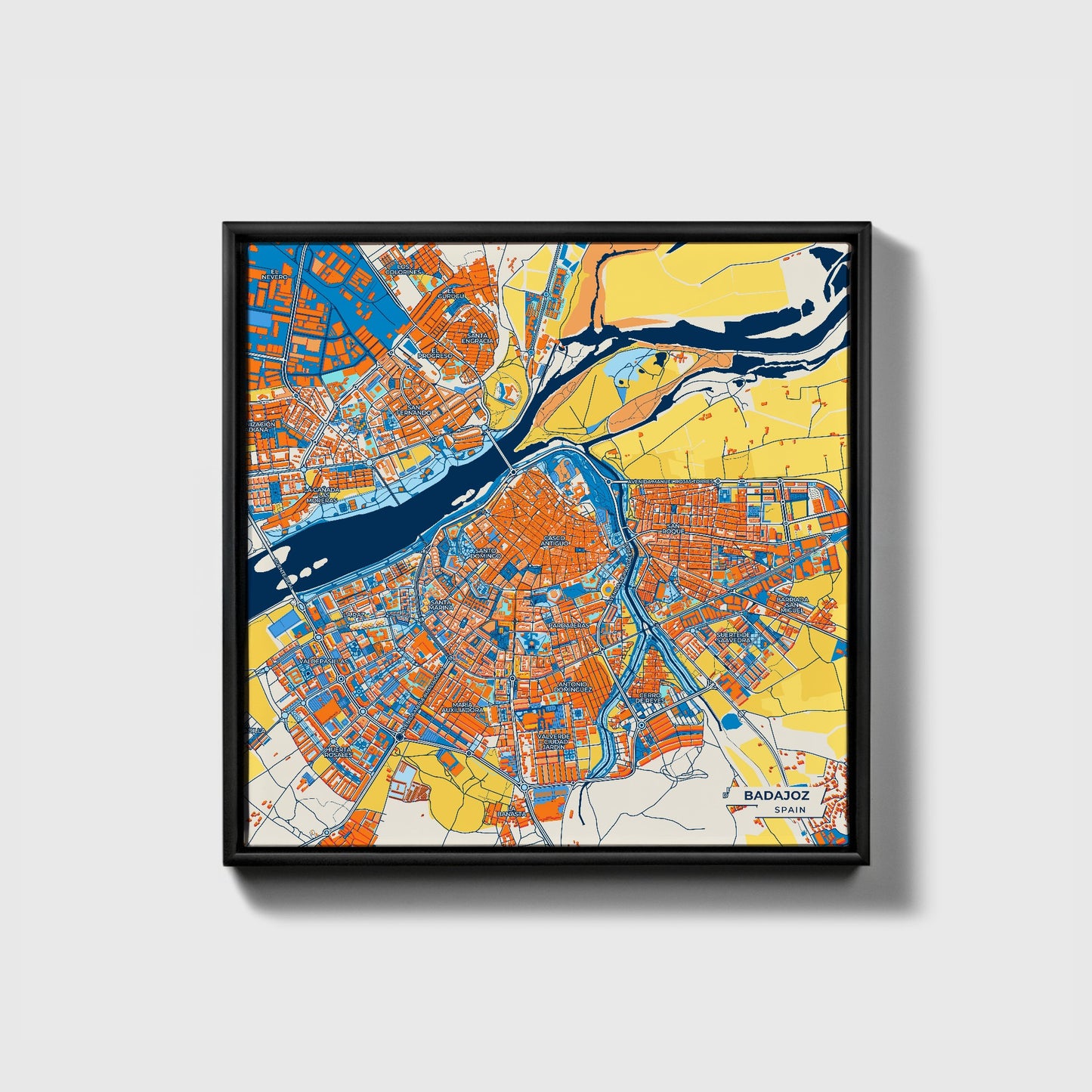 Badajoz Spain Colorful City Map Canvas Print • Black Framed
