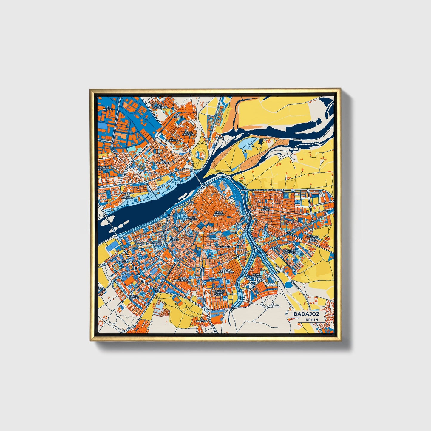 Badajoz Spain Colorful City Map Canvas Print • Gold Framed