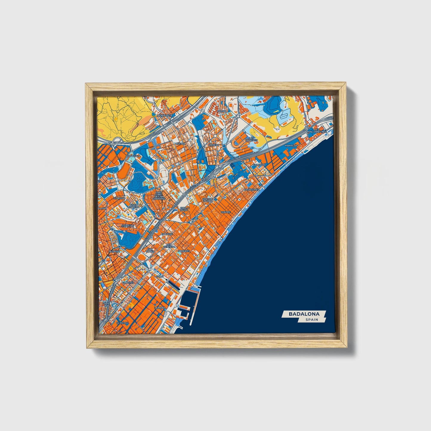 Badalona Spain Colorful City Map Canvas Print • Natural Wooden Framed