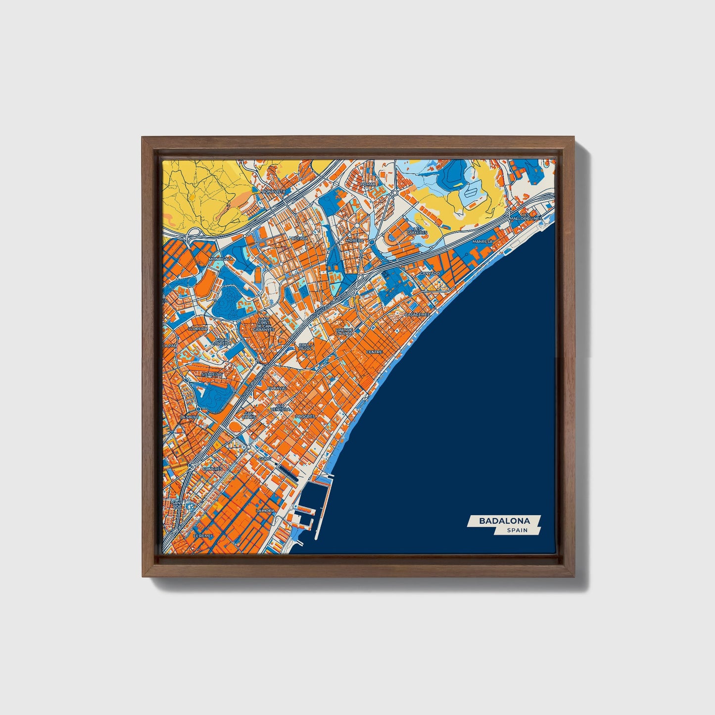 Badalona Spain Colorful City Map Canvas Print • Dark Wooden Framed