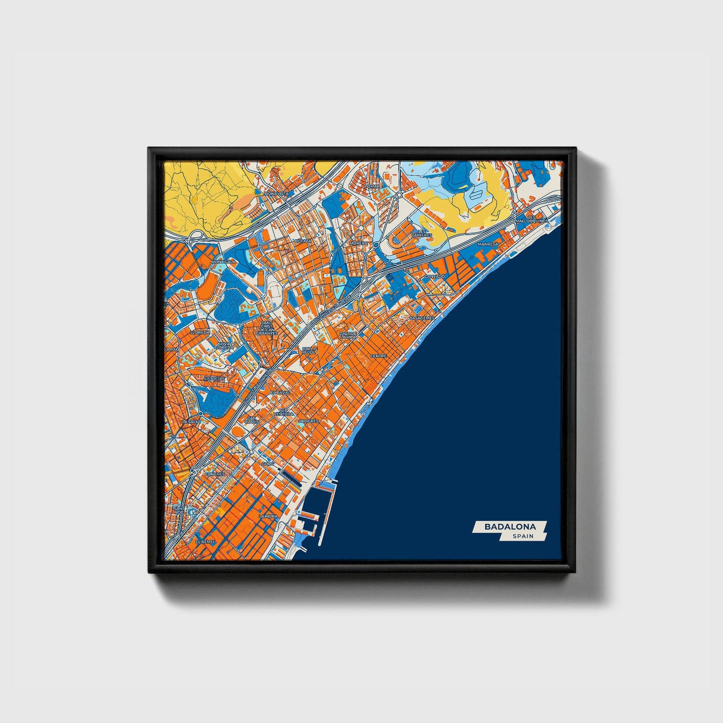 Badalona Spain Colorful City Map Canvas Print • Black Framed