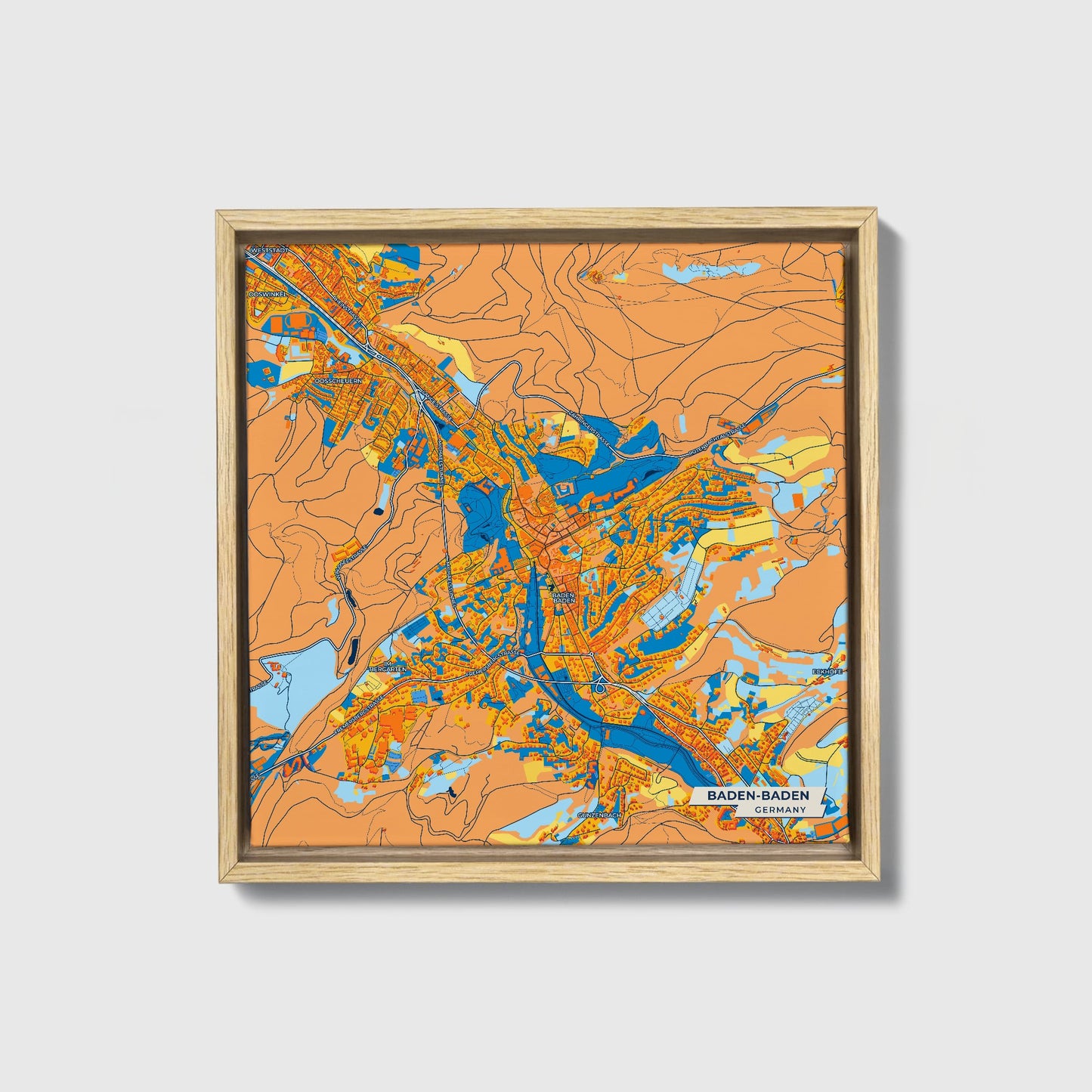 Baden-Baden Germany Colorful City Map Canvas Print • Natural Wooden Framed
