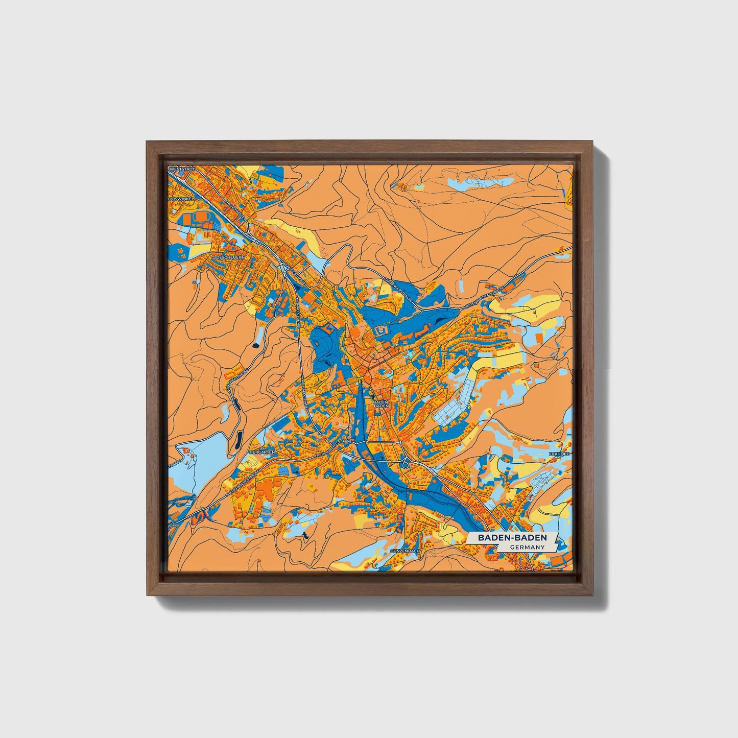 Baden-Baden Germany Colorful City Map Canvas Print • Dark Wooden Framed