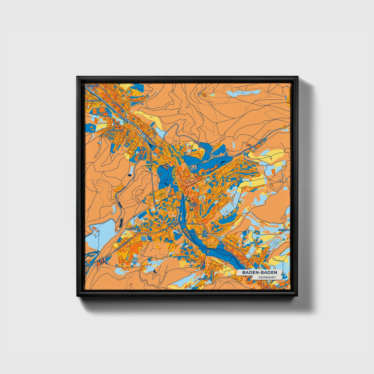 Baden-Baden Germany Colorful City Map Canvas Print • Black Framed