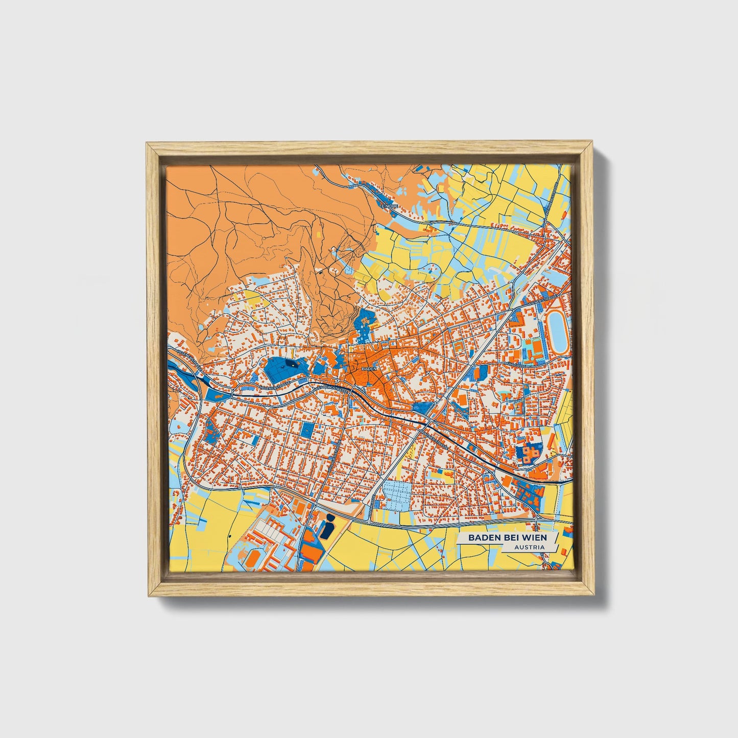 Baden Bei Wien Austria Colorful City Map Canvas Print • Natural Wooden Framed