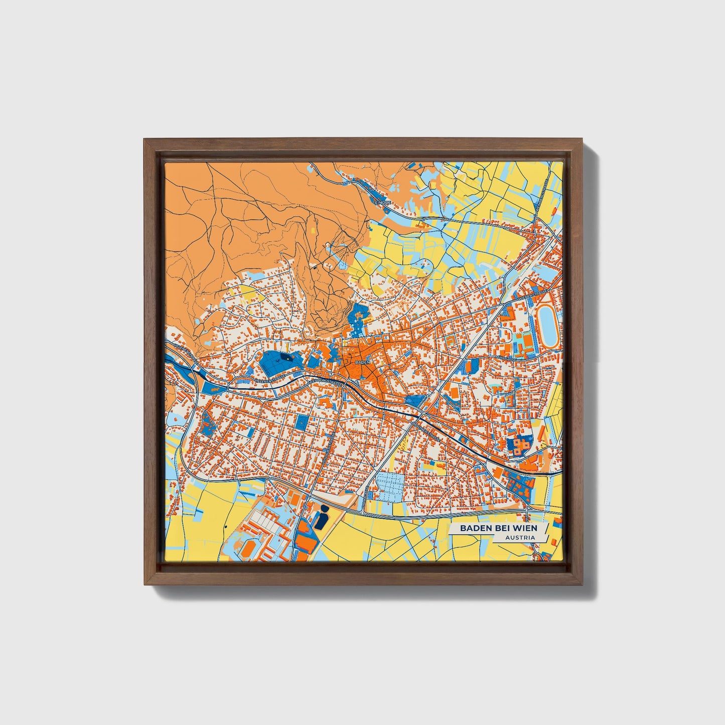 Baden Bei Wien Austria Colorful City Map Canvas Print • Dark Wooden Framed