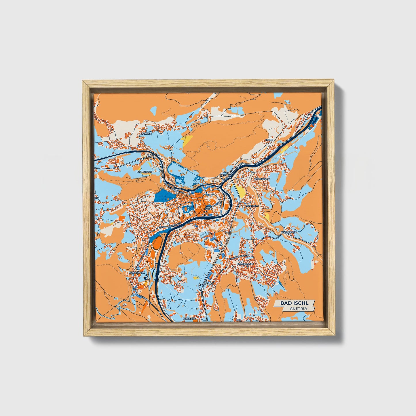 Bad Ischl Austria Colorful City Map Canvas Print • Natural Wooden Framed