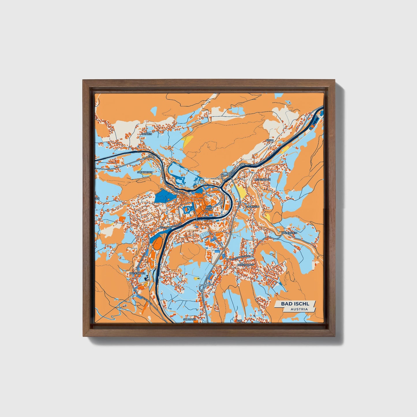 Bad Ischl Austria Colorful City Map Canvas Print • Dark Wooden Framed