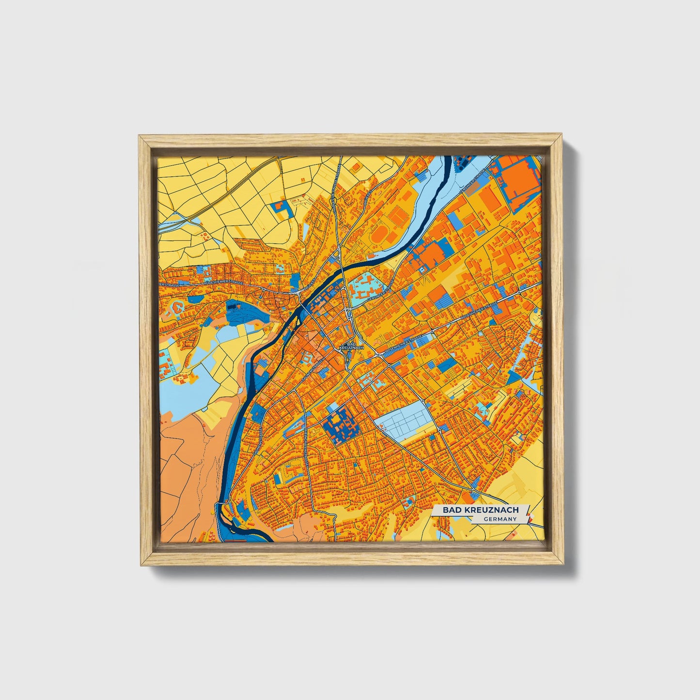 Bad Kreuznach Germany Colorful City Map Canvas Print • Natural Wooden Framed