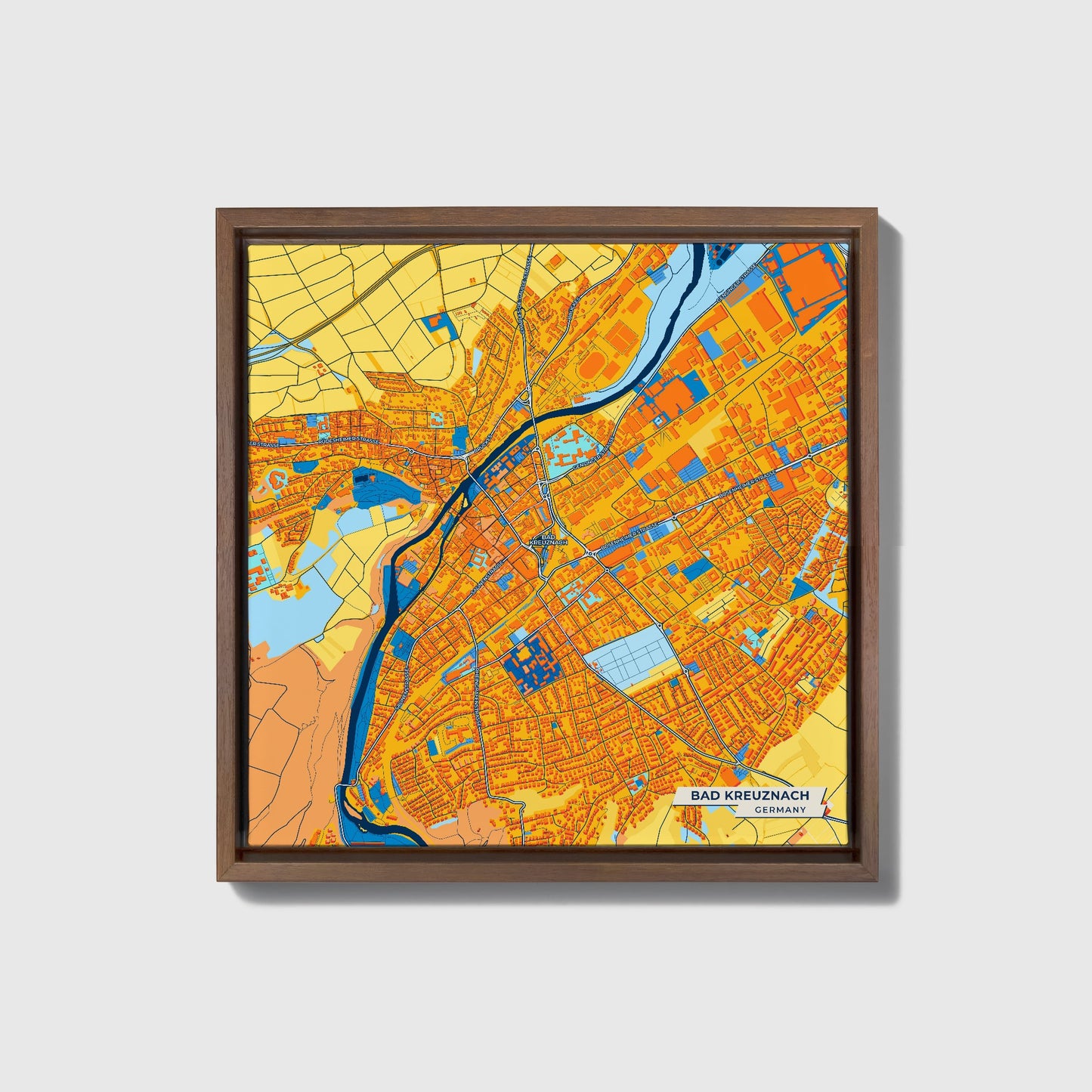Bad Kreuznach Germany Colorful City Map Canvas Print • Dark Wooden Framed