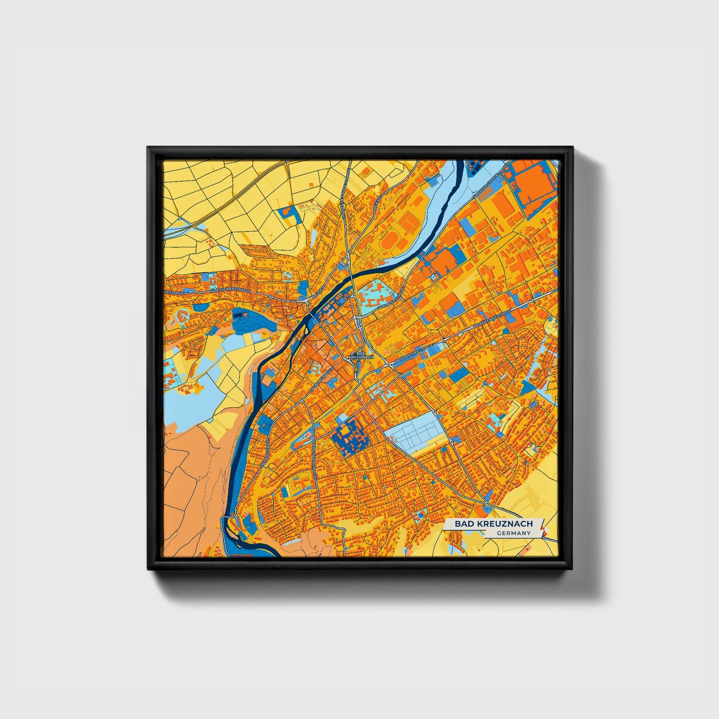 Bad Kreuznach Germany Colorful City Map Canvas Print • Black Framed