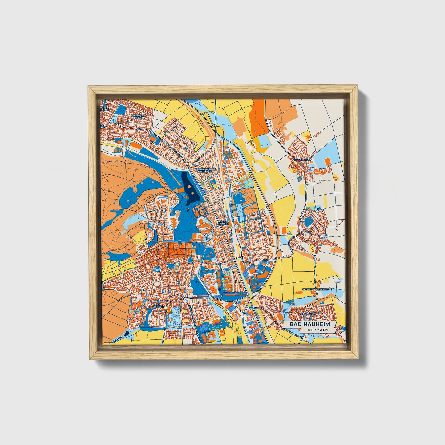 Bad Nauheim Germany Colorful City Map Canvas Print • Natural Wooden Framed