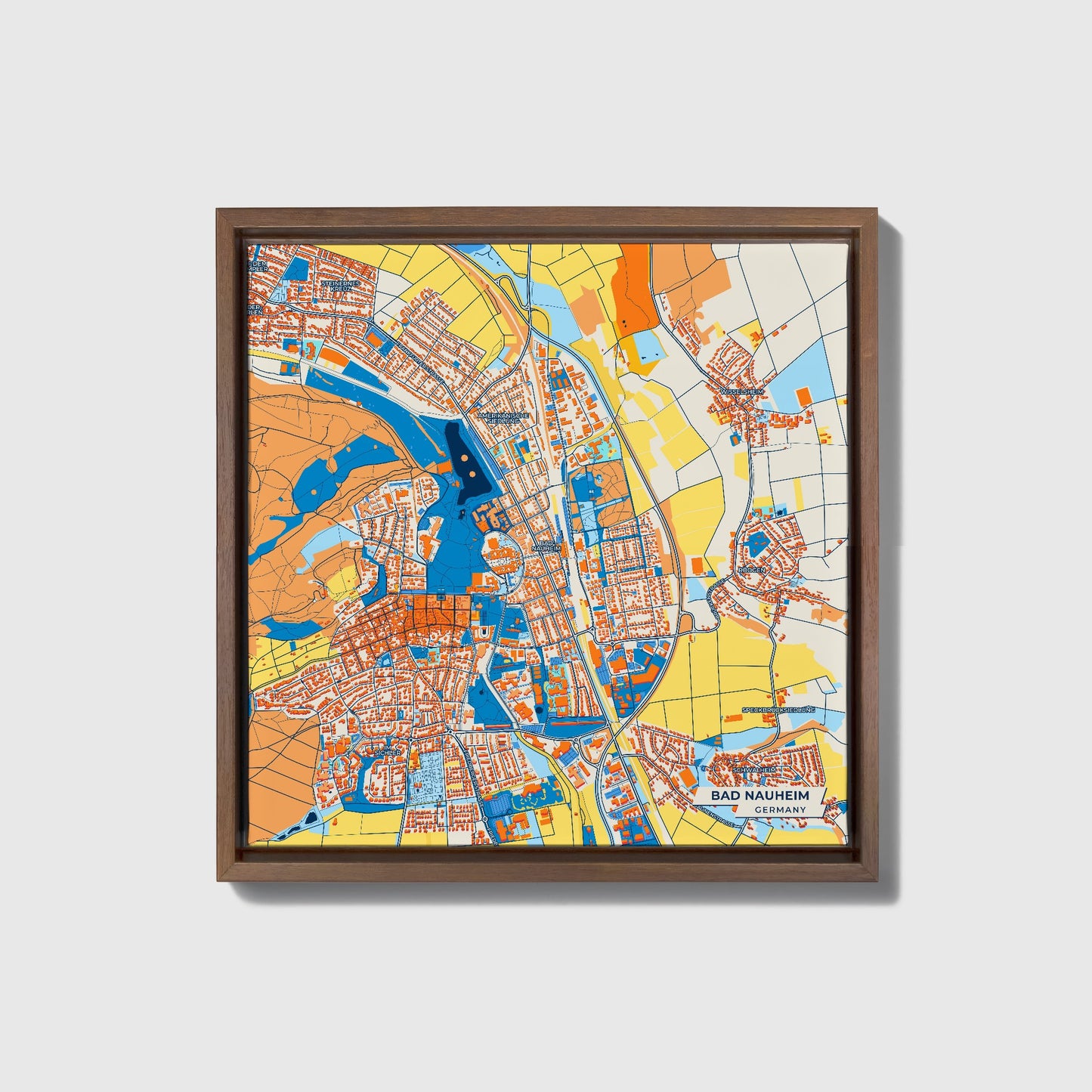 Bad Nauheim Germany Colorful City Map Canvas Print • Dark Wooden Framed