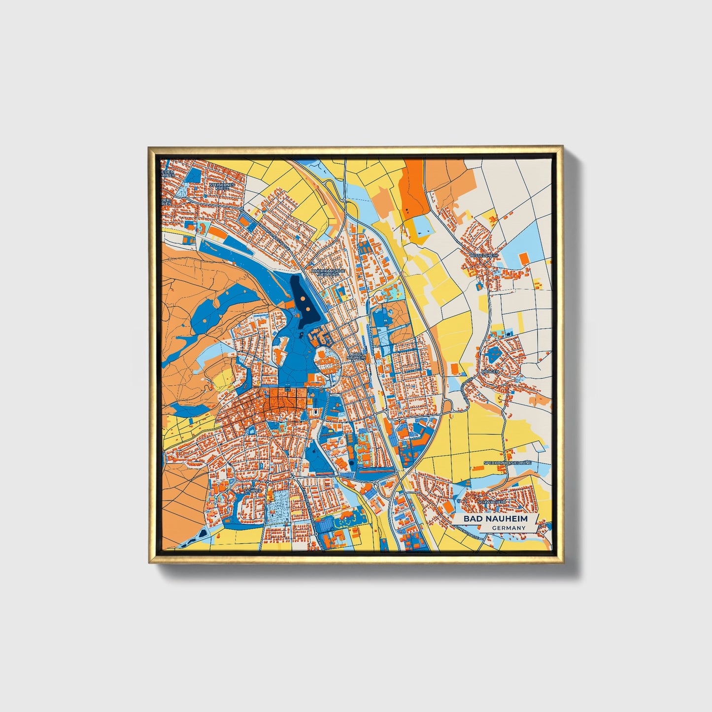 Bad Nauheim Germany Colorful City Map Canvas Print • Gold Framed