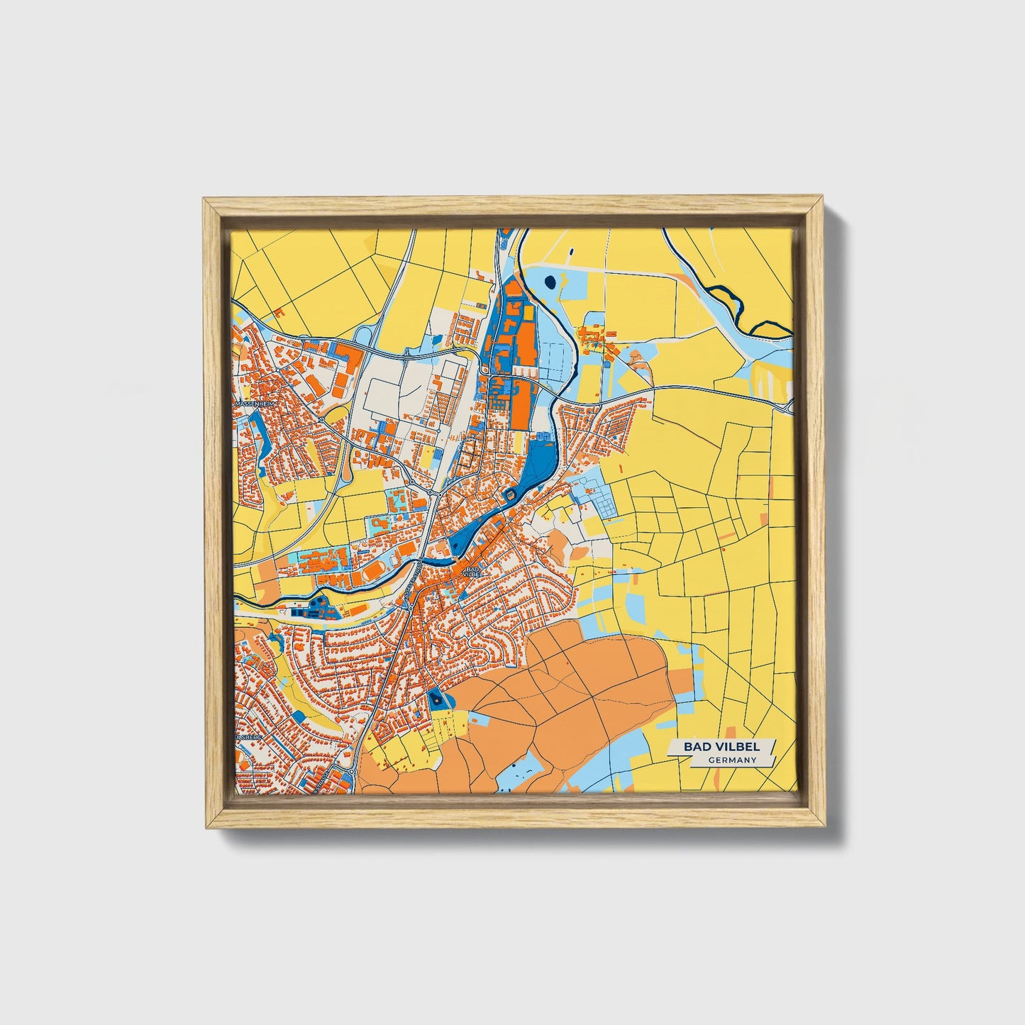 Bad Vilbel Germany Colorful City Map Canvas Print • Natural Wooden Framed