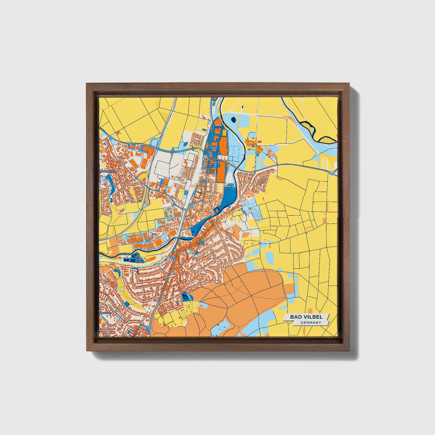 Bad Vilbel Germany Colorful City Map Canvas Print • Dark Wooden Framed