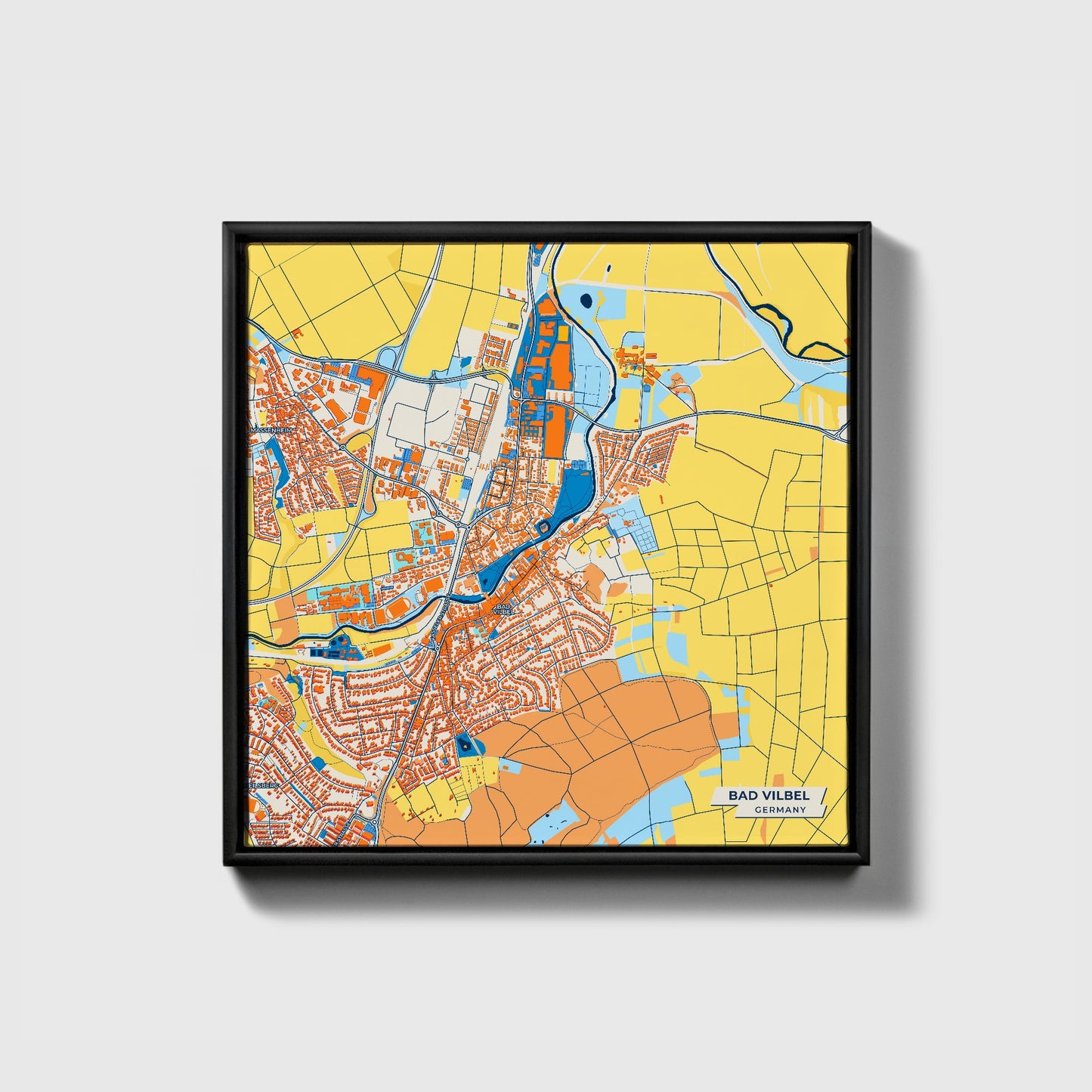 Bad Vilbel Germany Colorful City Map Canvas Print • Black Framed