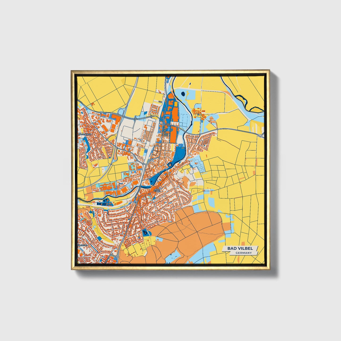 Bad Vilbel Germany Colorful City Map Canvas Print • Gold Framed