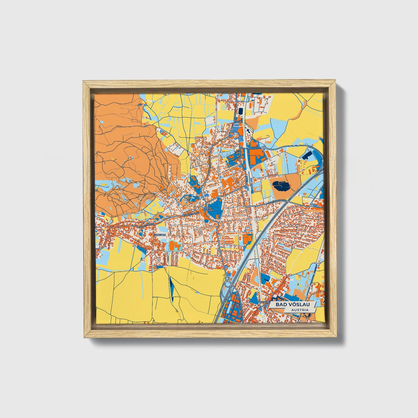 Bad Vöslau Austria Colorful City Map Canvas Print • Natural Wooden Framed