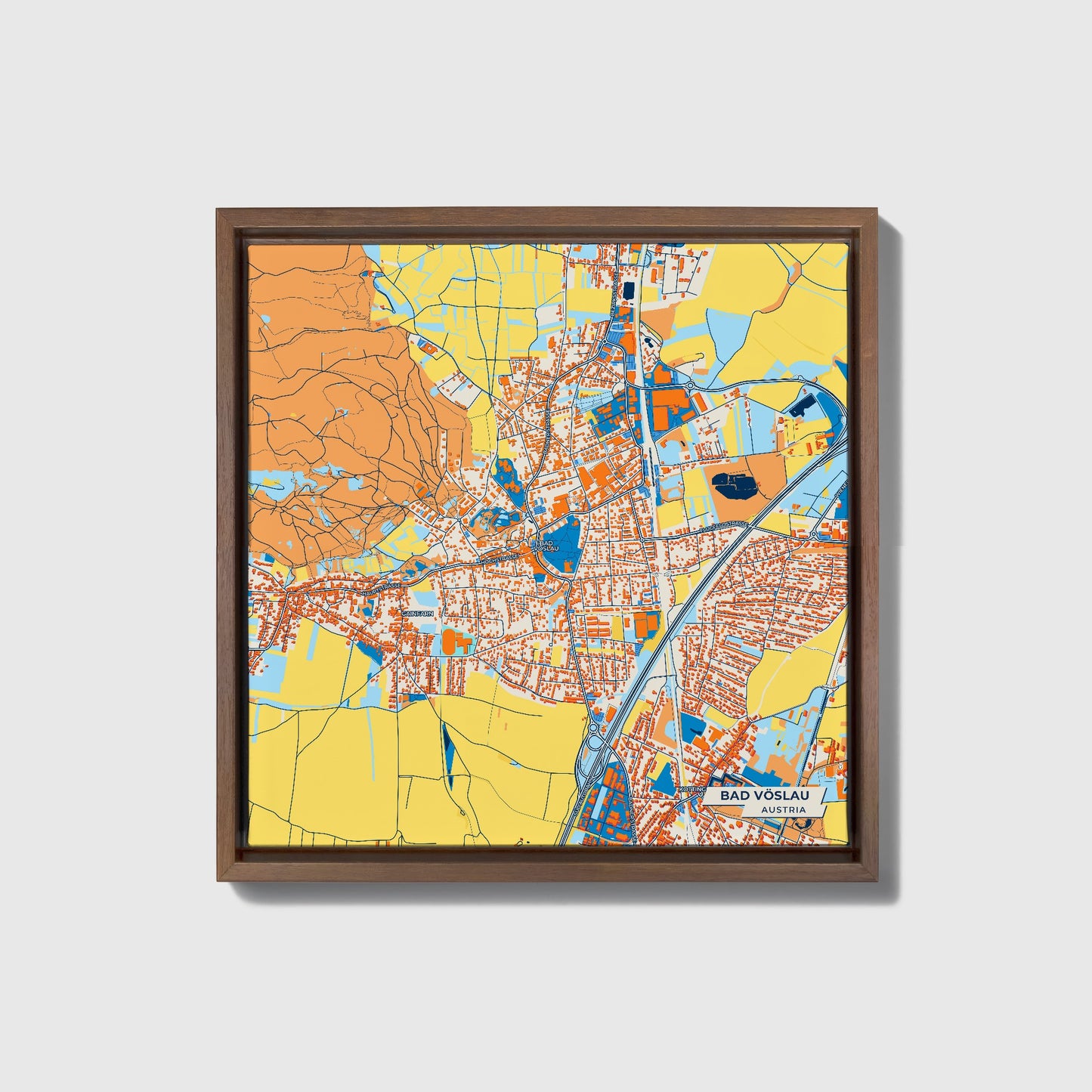 Bad Vöslau Austria Colorful City Map Canvas Print • Dark Wooden Framed
