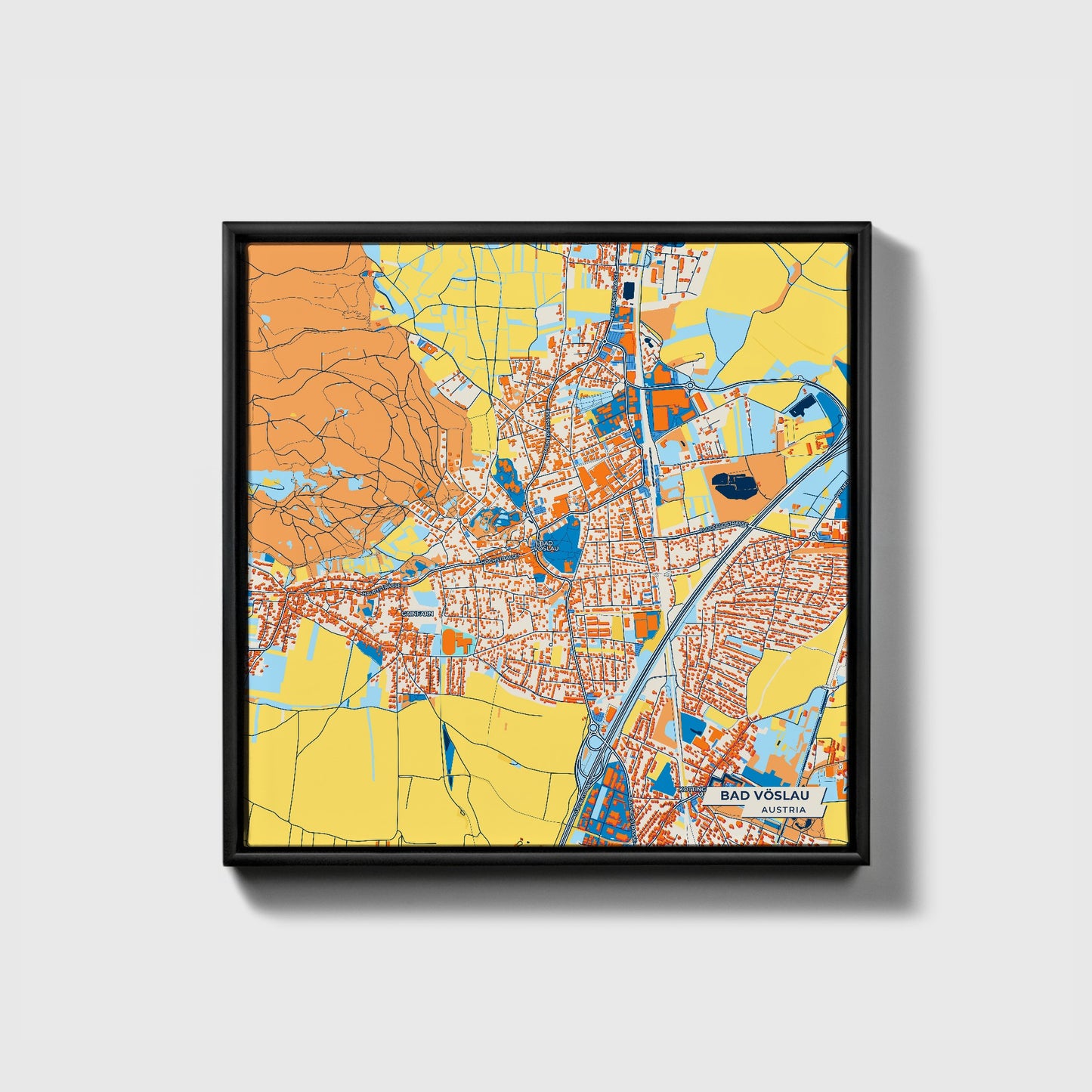 Bad Vöslau Austria Colorful City Map Canvas Print • Black Framed