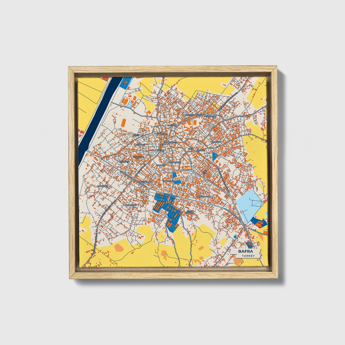 Bafra Turkey Colorful City Map Canvas Print • Natural Wooden Framed