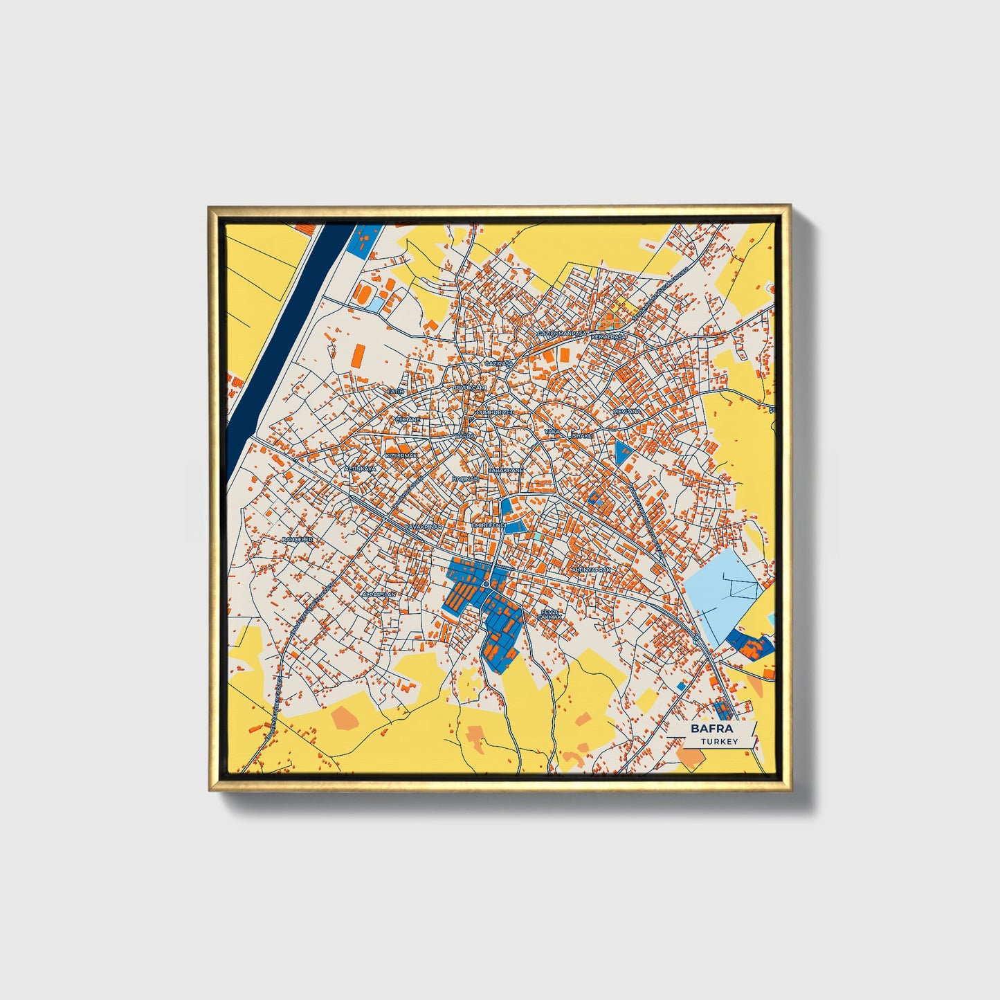Bafra Turkey Colorful City Map Canvas Print • Gold Framed