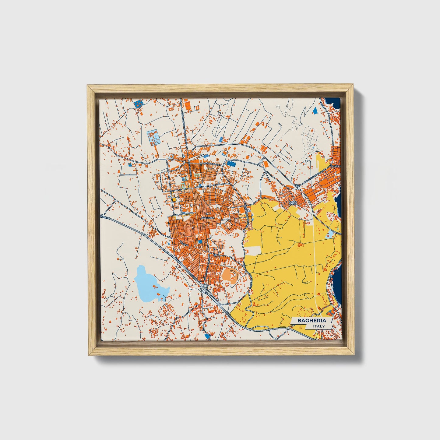 Bagheria Italy Colorful City Map Canvas Print • Natural Wooden Framed