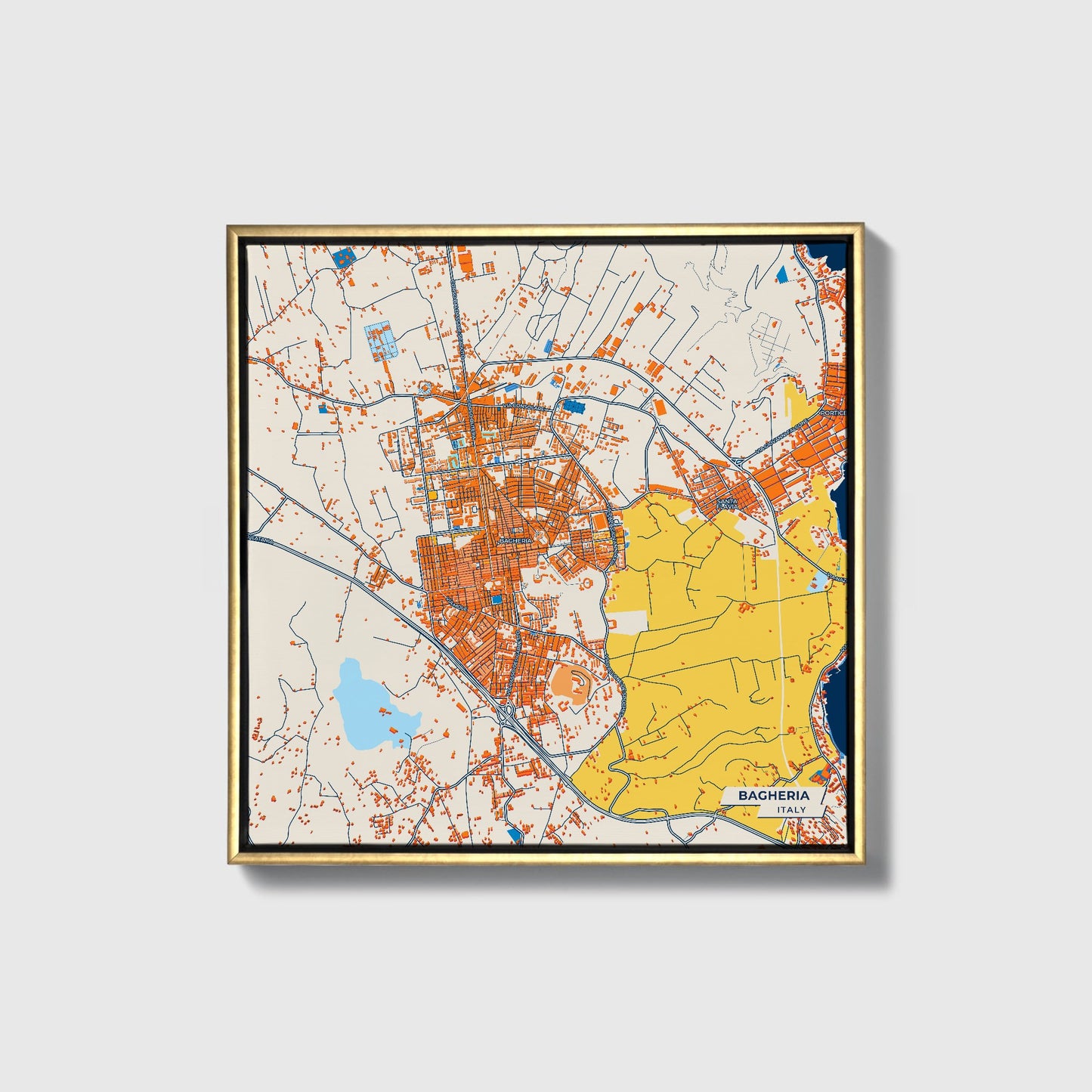 Bagheria Italy Colorful City Map Canvas Print • Gold Framed